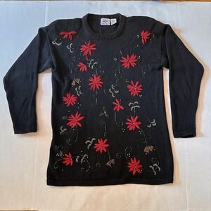 NutCracker Vintage Womens Black Beaded Poinsettia Holiday Sweater Medium Ramie